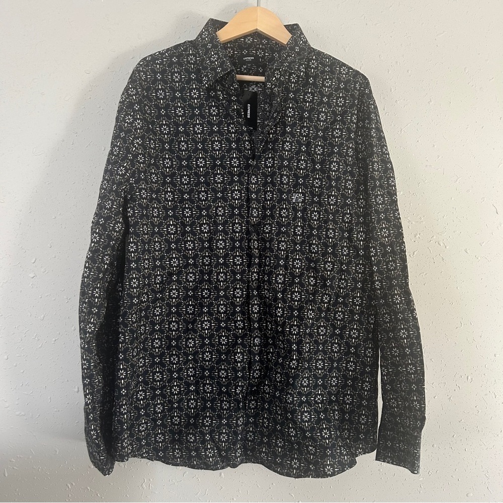 NWT Express Black Cream Geometric Print Long Sleeve Button Down Casual Formal XL